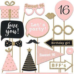 30 Fully Assembled Sweet 16 Birthday Photo Booth Props - Pink & Gold Selfie sign